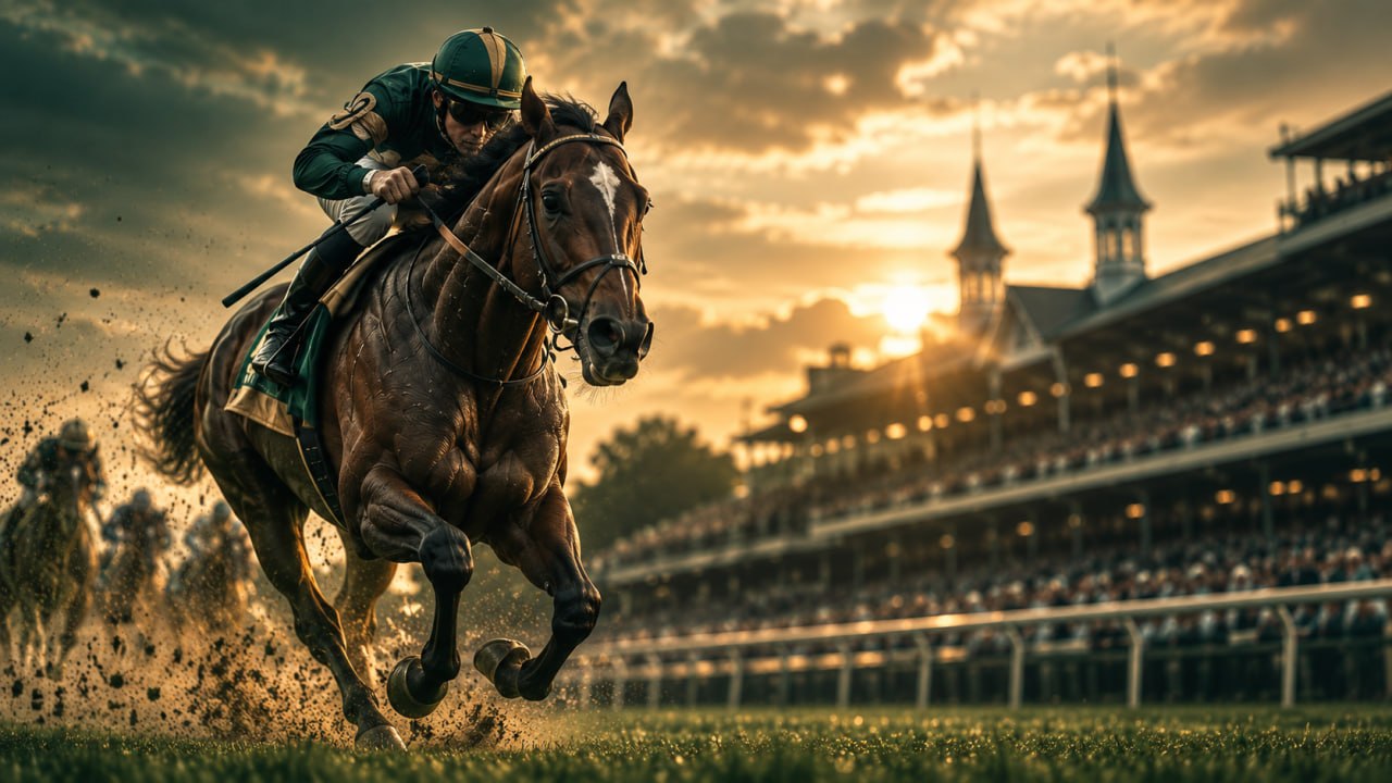 Racehorses running in front of a grandstand