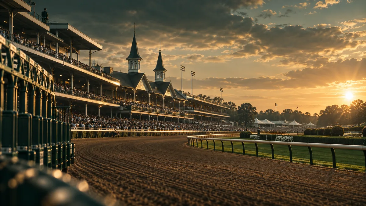 The grandstand and the home stretch at sunset