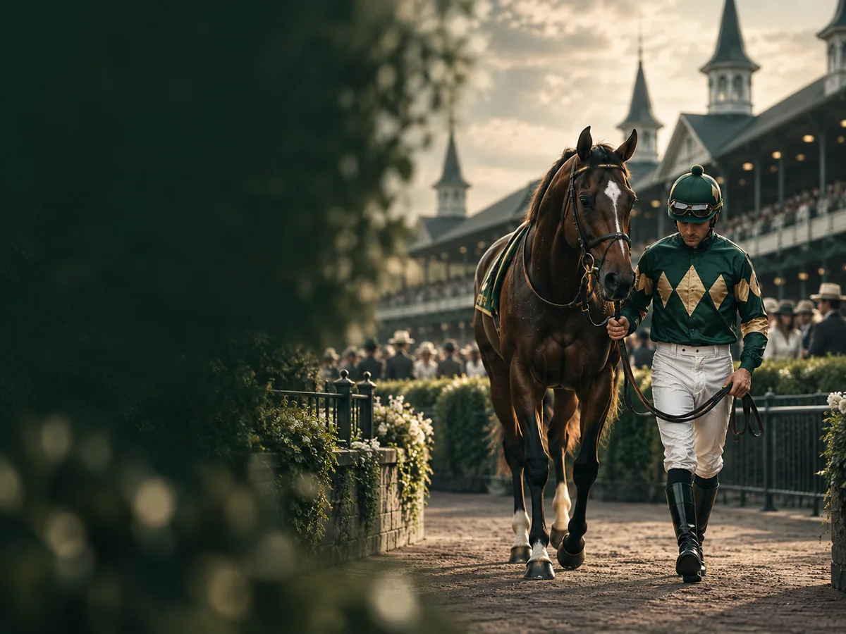 A jockey walking a thoroughbred past the grandstand